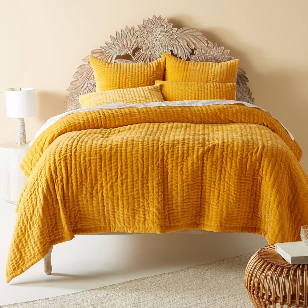 Anthropologie Velvet Kantha Stitch Quilt Queen (Ochre) with Set of 2 Euro Shams